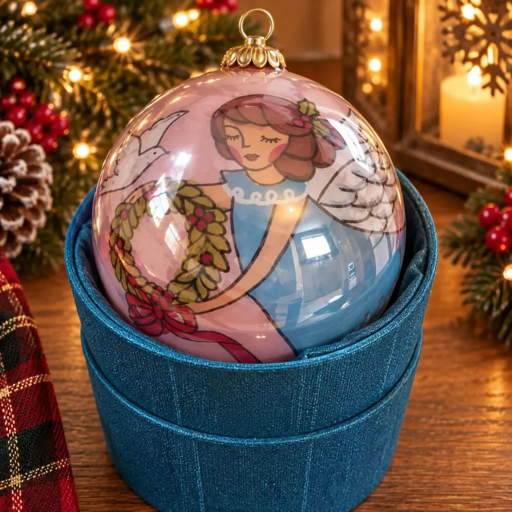 Pier 1 Li Bien Angel Wreath 2007 Reverse Painted Glass Ornament w/ Box 3.25